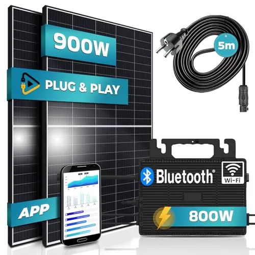 SUNNIVA Balkonkraftwerk Black Frame 900/800W - Plug&Play Solaranlage - Balkonkraftwerke mit 900W Gesamtleistung, einfache Installation und ideal für Balkon oder Garten. Inklusive 800W Wechselrichter mit WIFI und Bluetooth.