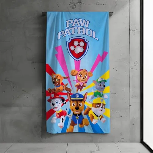 PAW PATROL Kinder Badehandtuch Strandtuch Handtuch, 70x140 cm, 100% Baumwolle, weich, saugfähig, mit Chase, Skye, Marshall, Everest, für Mädchen und Junge, (Hellblau)
