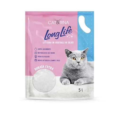 Cat&Rina Long Life Silica, Silikat Katzenstreu. Super saugfähig, bakteriostatisch und antiallergen. Staubfreie, Katzenstreu Klassisch | 5 l