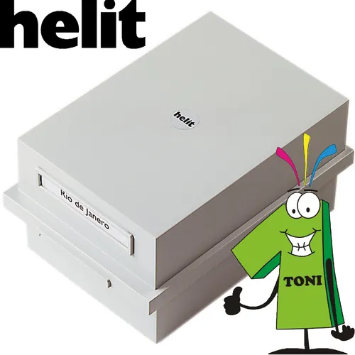 Helit Karteikasten A5 quer für 1200 Karten m. Deckel u. Stellbrettchen lichtgrau