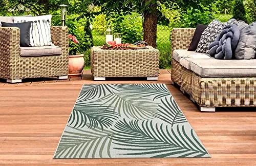 CARPETIA Sisal Teppich Indoor & Outdoor Terrasse Balkon Küche Wohnzimmer Palmen Zweige Creme grün Größe 120x170 cm