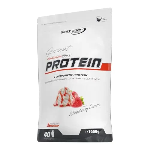 Best Body Nutrition Gourmet Premium Pro 1000g - Strawberry Cream - Sportnahrung mit 4 Komponenten Protein (Whey Isolat, Whey Konzentrat, Milch, Ei) und großer Geschmacksvielfalt, aspartamfrei und vegetarisch, inkl. Dosierlöffel.