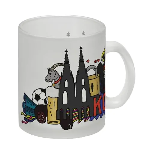 Glas Tasse mit Wimmelgrafik Köln Motiv
