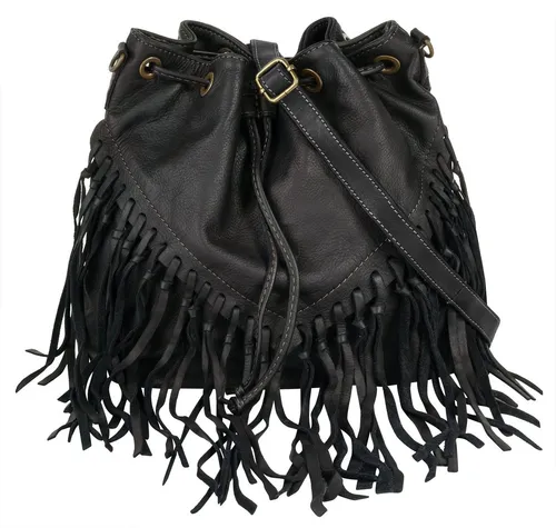 Shopper SAMANTHA LOOK, Damen, Schwarz, Echt Leder, Made in Italy - Eleganter italienischer Leder Shopper mit verspielten Fransen und geräumigem Hauptfach. Ideal für stilbewusste Frauen, die Qualität und Design schätzen. Größe: 26cm x 27cm x 13cm.