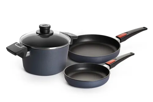 WOLL MADE IN GERMANY Pfannen-Set Diamond Lite - 4-teiliges Pfannen-Set aus Aluminiumguss mit langlebiger, schnitt- und abriebfester Diamantkristall-Versiegelung, ideal für Induktionsherde und spülmaschinengeeignet.