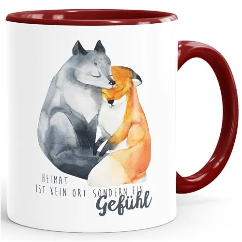 Kaffee-Tasse Heimat ist kein Ort sondern ein Gefühl Fuchs Liebe Spruch Geschenk MoonWorks® bordeauxrot unisize