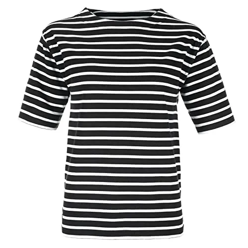 modAS Bretonisches Damen-T-Shirt mit U-Boot Ausschnitt - Ringelshirt Kurzarm Basic Shirt Gestreift aus Baumwolle in Blau-Weiß in Größe 46