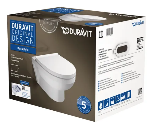 Duravit 04791 3 Basic Wand-WC-Set rimless - Wand-WC in elegantem Weiß, spülrandlos für einfache Reinigung und modernes Design, ideal für stilvolle Badezimmer.