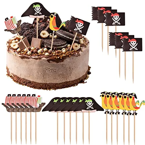 Vesaneae 24 Stück Pirate Tortenstecker, Piraten Kuchendeckel, Cupcake Topper, Birthday Kuchenaufsatz, Kuchendeko für Piraten Thema Junge Kinder Geburtstag Party Halloween Party Muffin Cupcake Deko
