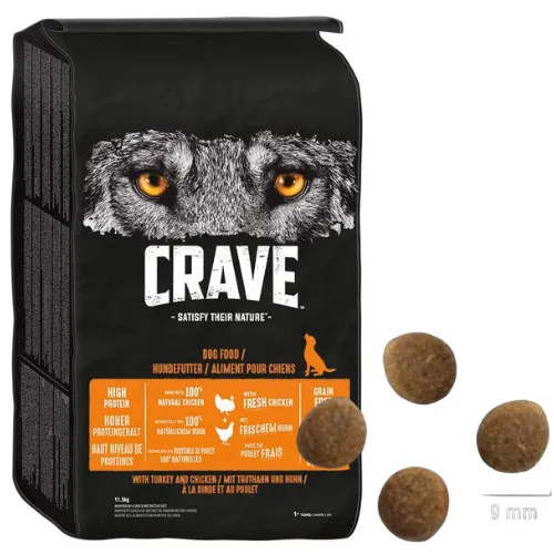 Crave Hundefutter Trockenfutter 11,5kg mit Truthahn und Huhn - Hundefutter, Alleinfuttermittel für ausgewachsene Hunde mit Huhn und Truthahn für eine proteinreiche Ernährung, hergestellt in Deutschland.
