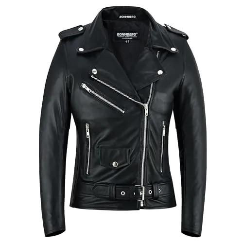 Bohmberg Damen Lederjacke Echtleder Retro Biker Jacke - Funktionsjacken: Rockiger Biker-Look mit Protektorentaschen für Sicherheit, aus hochwertigem Vollnarbenleder für Langlebigkeit und mit vielen Taschen für Stauraum.