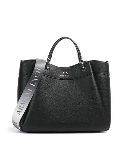 Armani Exchange Women's Essential Wave Shopping Bag, Black - Damen-Schultertaschen mit silbernem Logo-Print und praktischem Magnetverschluss, ideal für stilbewusste Frauen im Alltag.