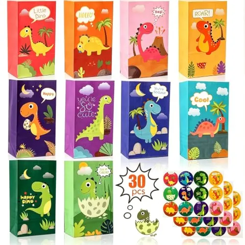 OEMG Geschenktüten Kindergeburtstag Papiertüten 30 Stück Bunte Geschenktüte Dino Partytüten mit 36 Dinosaurier Aufkleber, Kleine Geschenke für Kinder Mitgebsel Tüten Junge Mädchen Dschungel Party Deko