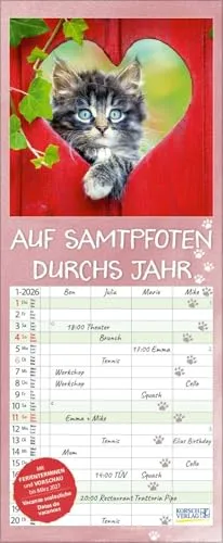 Auf Samtpfoten durch's Jahr 2026: Familienplaner mit 4 breiten Spalten. Hochwertiger Familienkalender mit Ferienterminen und Vorschau bis März 2027. 19 x 46 cm.