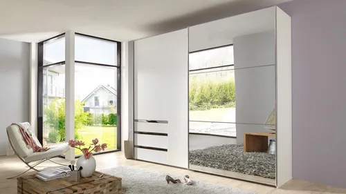 Schwebetürenschrank Level 36 in Weiß mit Spiegel, 250 cm - Kleiderschrank für Erwachsene, modernes Design mit Spiegel und praktischem Stauraum durch Schubfächer und Kleiderstange. Ideal für dein Schlafzimmer.