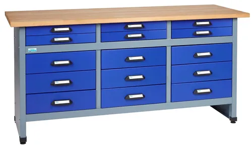 KÜPPER Werkbank 12977 mit 15 Schubladen - Robuste Werkbank mit 300 kg Traglast und 30 mm Buchenarbeitsplatte. Ideal für Werkstätten, bietet viel Stauraum und Stabilität für Ihre Projekte.