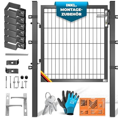 KESSER® Gartentor Premium Gartentür aus Metall verzinktem Stahl, Gartentür für Stabmattenzau Zauntor, Hoftor, inkl. Pfosten mit Schloss Türklinke und Schlüssel, 100 x 106cm Anthrazit