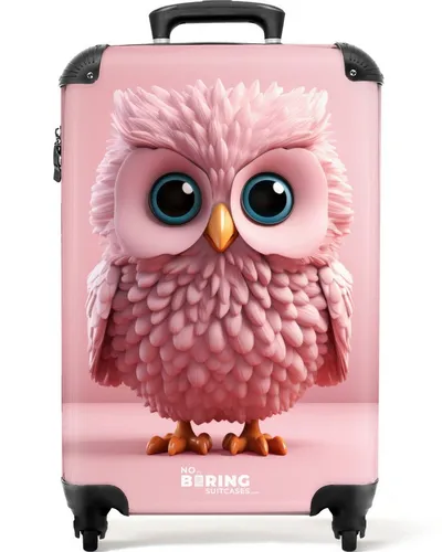 NoBoringSuitcases.com© Kinderkoffer Rosa Cartoon Eule für rosa Hintergrund 55x35x20cm, 4 Rollen, Handgepäck-Koffer, Kinderkoffer, Reisekoffer Mädchen