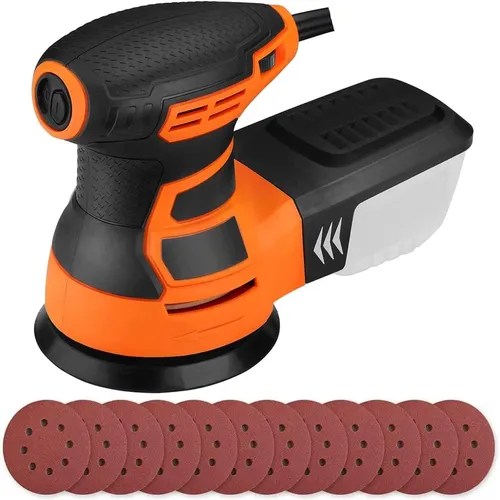 DOVAMAN Exzenterschleifer 125 mm, 350W, 6 variable Geschwindigkeit, 12 Schleifscheiben, mit Kabel, Orange