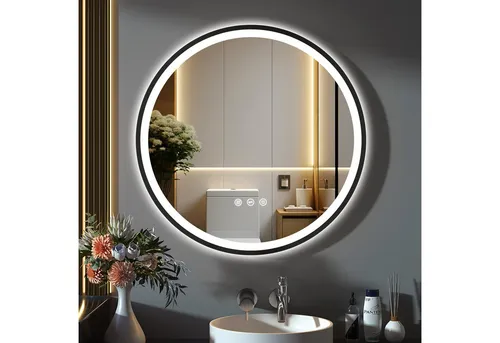 GIMBELEN Runder Badspiegel mit Beleuchtung, 50 cm – 3 Lichtfarben, Touch-Schalter, Sicherheitsglas - Moderner Badspiegel mit 3 einstellbaren Lichtfarben (3000K, 4000K, 6500K) und stufenloser Helligkeitseinstellung. Der elegante schwarze Rahmen und das Sicherheitsglas machen ihn zur idealen Wahl für Ihr Badezimmer.
