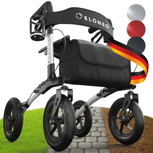 ELONEO Faltbarer Leichter Rollator mit Sitz und Luftbereifung - Outdoor Rollator mit höhenverstellbaren ergonomischen Griffen, ideal für jeden Untergrund. Inkl. Sitzfläche, Rückengurt und praktischem Zubehör für mehr Komfort.