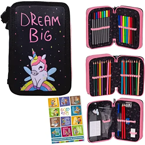 Goldkids Federmappe Federtasche Einhorn Motiv 3-fache Federmäppchen 45-teilig gefüllte Schüleretui Stifte und Pinsel inkl. Aufgabenheft Federbox Etui Stiftetasche Schlamper-Etui Schul-Etui