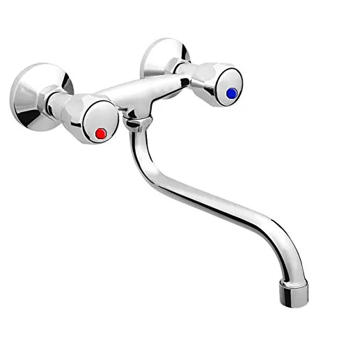 Nostalgie Retro Waschbecken Armatur - Zweigriff Wandbatterie aus verchromtem Messing mit schwenkbarem Auslauf, ideal für nostalgische Badezimmergestaltung.