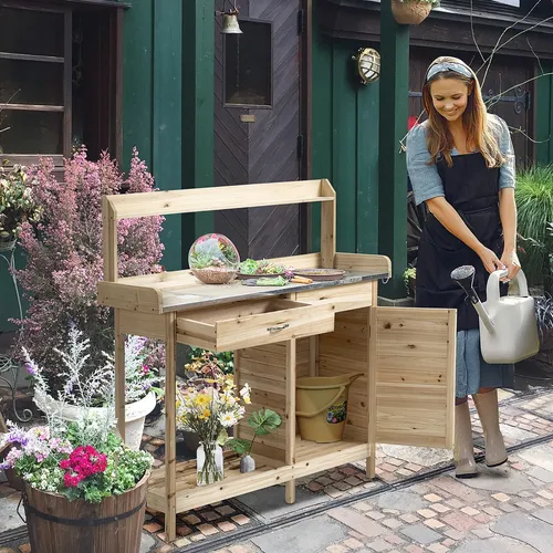 Outsunny Pflanztisch mit verzinkter Arbeitsplatte und Schublade - Hochwertiger Pflanztisch aus langlebigem Tannenholz, ideal für Hobbygärtner. Mit verzinkter Arbeitsplatte, einfacher Montage und wetterfestem Design – perfekt für den Einsatz im Freien.