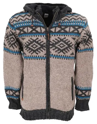 GURU SHOP Unisex Wolljacke mit Nordischem Muster - Grau/Blau, Größe M - Hochwertige Strickjacke aus reiner Schafwolle, fleecegefüttert für zusätzlichen Komfort. Ideal für kalte Tage, mit praktischen Reißverschlusstaschen und flauschiger Kapuze. Handgefertigt in Nepal unter fairen Bedingungen.