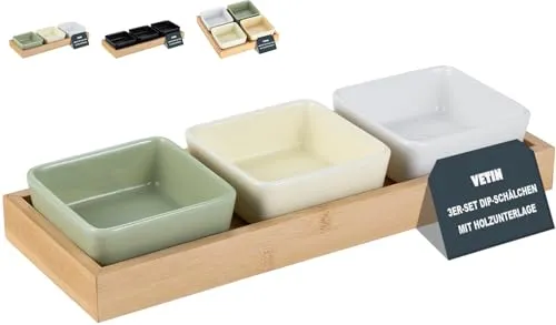 VETIN 3 * Dipschalen Set mit Brett Holz, Servierschalen Set, Snackschalen