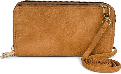 styleBREAKER Damen 2 in 1 Mini Bag Umhängetasche mit genarbter Oberfläche, Geldbörse, Handytasche, Schultertasche 02012364, Farbe:Cognac