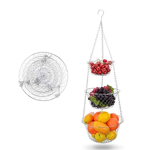LxwSin 3-stufiger Hängend Obstkorb, Hängekörbe für Obst, Küchen Obst Hängekorb aus Metall, Korb Aufbewahrung Organizer Obstschale Hängend für Obst, Gemüse, Pflanzen, Individuell Einstellbar, Silber