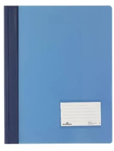 Durable Schnellhefter überbreit blau 25er Packung - Projektmappen aus 100% recycelbarer Folie, ideal für Prospekthüllen. Mit beschriftbarem Fenster und transparenter Innentasche für ungelochtes Schriftgut.
