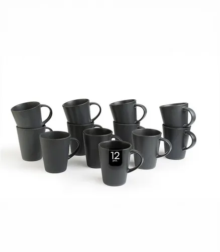 Home4You Becher 12er Set - Kaffeebecher Schwarz Matt, 440 ml - Kaffeebecher aus hochwertigem Steingut, mikrowellen- und spülmaschinengeeignet. Modernes Design in mattem Schwarz, ideal für stilvolle Kaffeepausen.