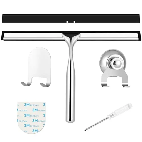 Duschabzieher Edelstahl 25 cm - mit Ersatzgummiabzieher，Abzieher Dusche mit Halterung, Fensterabzieher für Badezimmer, Spiegel und Fliesen, Streifenfreie Reinigung für Glasflächen