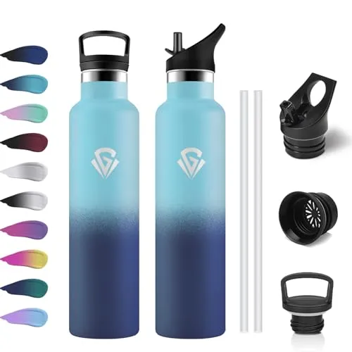 Trinkflasche Edelstahl 1L, Thermoskanne mit Strohhalm, Kohlensäure Geeignet, BPA-Frei, Einhandöffnung, Vakuum Isolierte Thermosflasche, Isolierflasche Auslaufsichere für Sport, Laufen, Fahrrad, Yoga