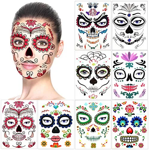 HOWAF 8 Blätter Halloween Tattoo Gesicht Tag der Toten Totenkopf Skelett temporäre Gesicht Tattoo Aufkleber für Herren Damen Halloween Make up Deko Dia De Los Muertos Kostüm