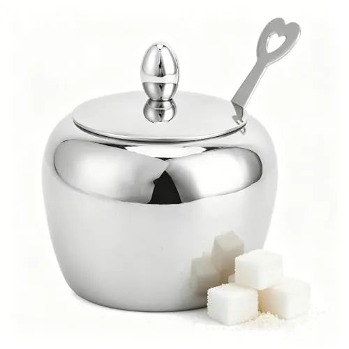 Tomotato Schöne Zuckerdose Edelstahl, Gewürztopf mit Deckel und Löffel, Zuckerstreuer Silber, Sugar Bowl with Spoon, für Zucker, Salz, Kaffee, Tee, Gewürze