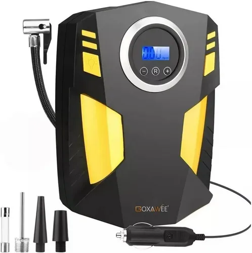 LA CUTE Kompressor 12V Digitaler Reifenfüller mit LED-Licht, 3 Düsen für Auto & Fahrrad, max. 6,9 bar, Tragbarer Reifenfüller mit LED-Anzeige und Schnellbefüllung, 5-tlg., Kompaktes 12V Digital-Luftkompressor-Set mit 3 Düsen, Digitaler 12V Luftkompressor mit LED und 3 Düsenadaptern