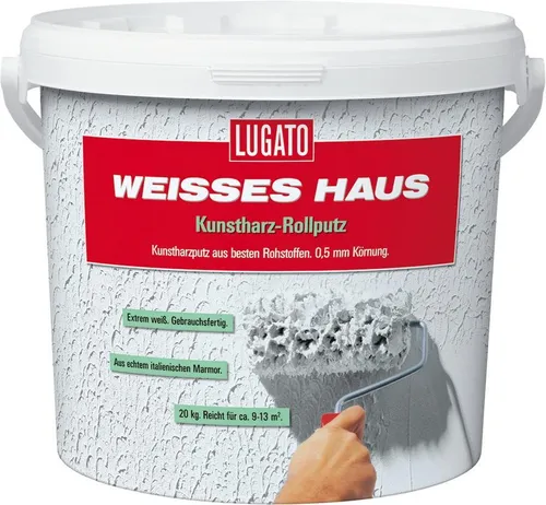 Lugato Weisses Haus Kunstharz Rollputz - Körnung 0,5 mm 8 kg - Wetterfester Putz für individuelle Fassadengestaltung mit echtem italienischem Marmor. 10-mal dickere Schicht als Farbe für langanhaltende Ergebnisse.