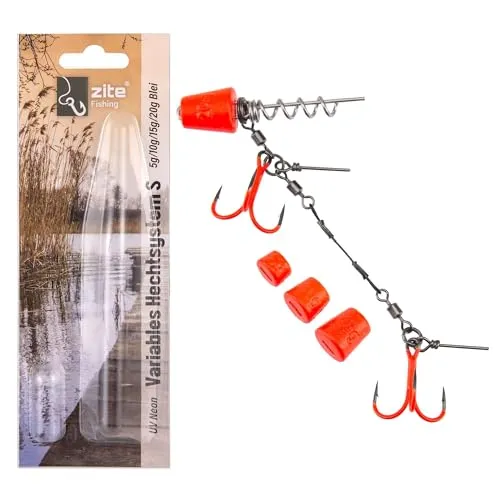 Zite Fishing Variables Hechtsystem | Größen S (9 cm) & L (13 cm) | Für 15–20 cm und 21–26 cm Gummifische | 4 Bleigewichte 5g 10g 15g 20g | Screw-Rig mit Stahlvorfach & Stinger (UV Neon, S)