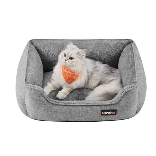 Feandrea Katzenbett, Hundebett, Hundekissen in Leinenoptik, erhöhte Ränder, rutschfeste Unterseite, Bezug abnehmbar waschbar, S, für Minihund, 60 x 50 x 21 cm, hellgrau PGW009G02