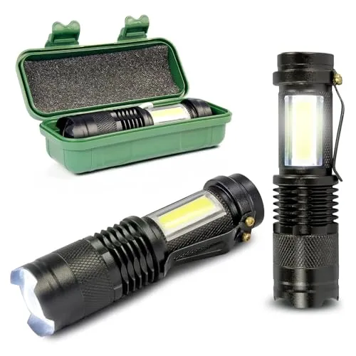 Eaxus Mini LED-Taschenlampe Glow-Max, mit 2 Lichtquellen, XPE mit Zoom und COB-Seitenlicht, 3 Lichtmodi, wiederaufladbarer Akku, USB-Arbeitsleuchte, schwarz