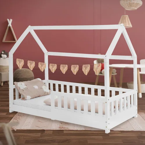 ML-DESIGN Spielbett Hausbett für Kinder - Kreatives Abenteuerbett aus Kiefer mit Rausfallschutz und Lattenrost, ideal für fantasievolle Kinderzimmer, Maße: 80x160 cm, Farbe: Weiß.