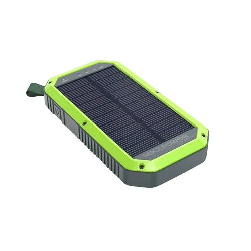 RealPower Powerbank PB-10000 Solar schwarz - Powerbank mit 10.000mAh, solarbetrieben für nachhaltige Energieversorgung unterwegs – ideal für Outdoor-Aktivitäten.