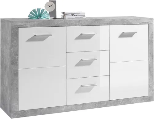 Stella Trading Sideboard in Beton Optik und Weiß Hochglanz - Kommode mit 3 Schubladen und viel Stauraum, ideal für Wohnzimmer oder Schlafzimmer - modernes Design in urbaner Betonoptik.