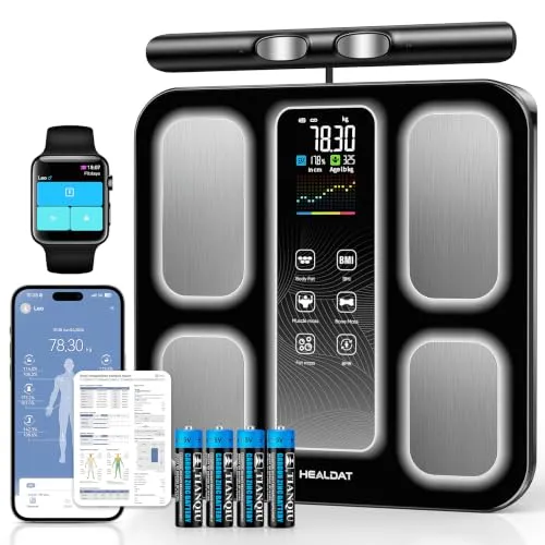 HEALDAT Körperfettwaage mit Handsensoren,Personenwaage Digital 8-Elektroden | mit App,24 Nutzer,180kg/400lbs,LED Display Smart Waage,Körperanalysewaage 58 Messdaten für BMI,Protein,BMR,Muskelmasse