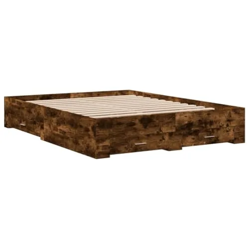 Bettgestell mit Schubladen Räuchereiche 140x200cm - Modernes Bettgestell mit praktischen Schubladen für zusätzlichen Stauraum. Hergestellt aus langlebigem Holzwerkstoff und mit robusten Sperrholzlatten für optimalen Schlafkomfort.