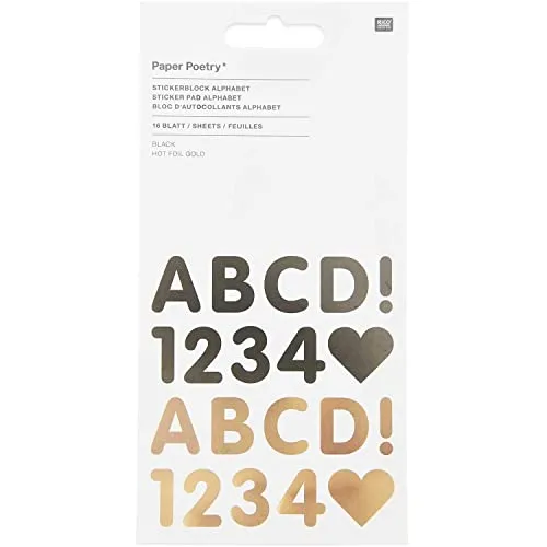 Rico Design Stickerblock Alphabet Schwarz Gold Aufkleber Papier FSC Zertifiziert Ganzjährig Selbstklebend
