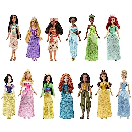 Disney Princess 13 Modepuppen mit Glitzerkleidern – Geschenkbox für kleine Prinzessinnen - Malbücher und Spielzeugfiguren, perfekte Geschenkidee für Kinder von 3-11 Jahren, fördert kreatives Spielen und Fantasie.